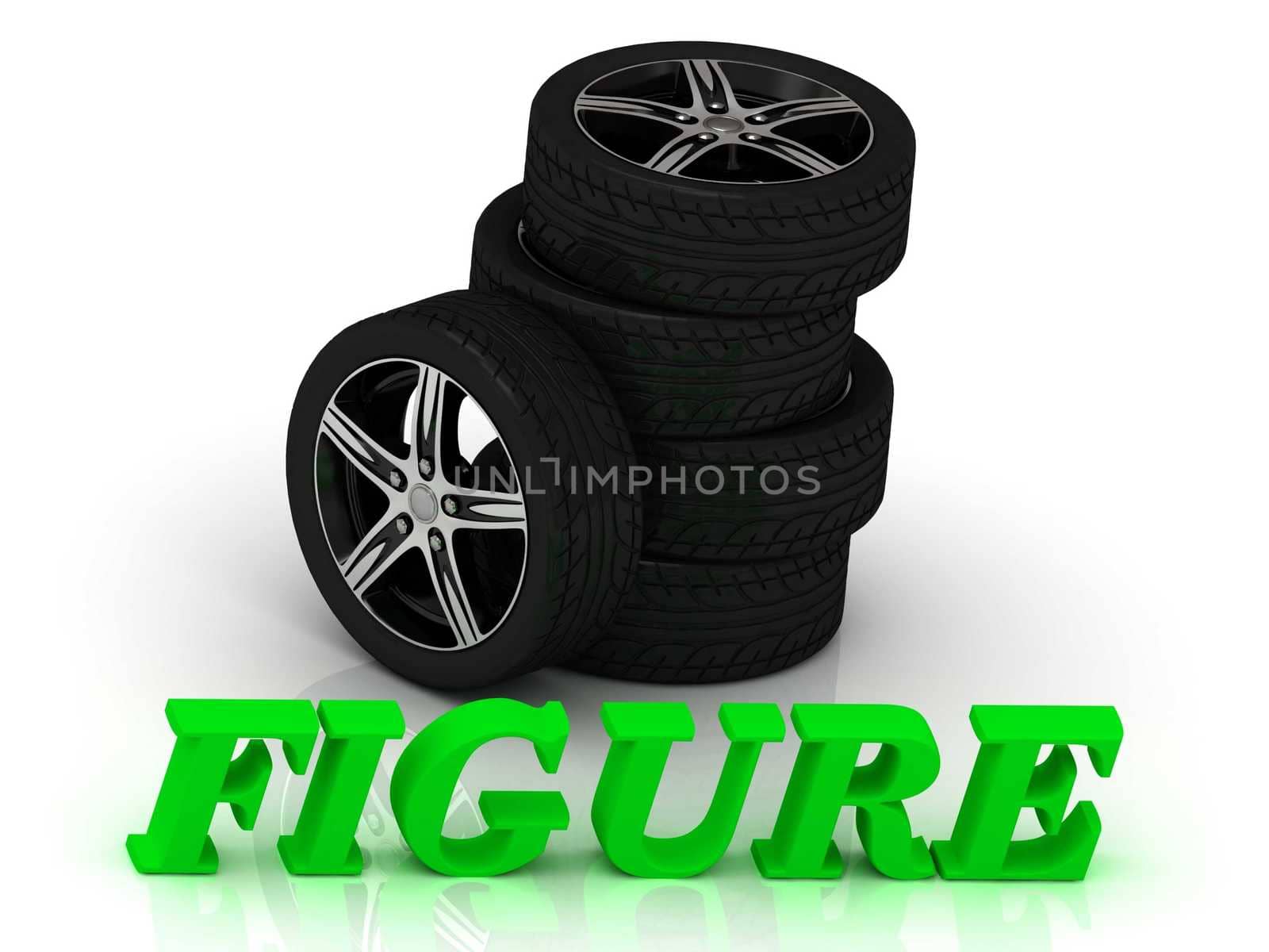 FIGURE- bright letters and rims mashine black wheels on a white background
