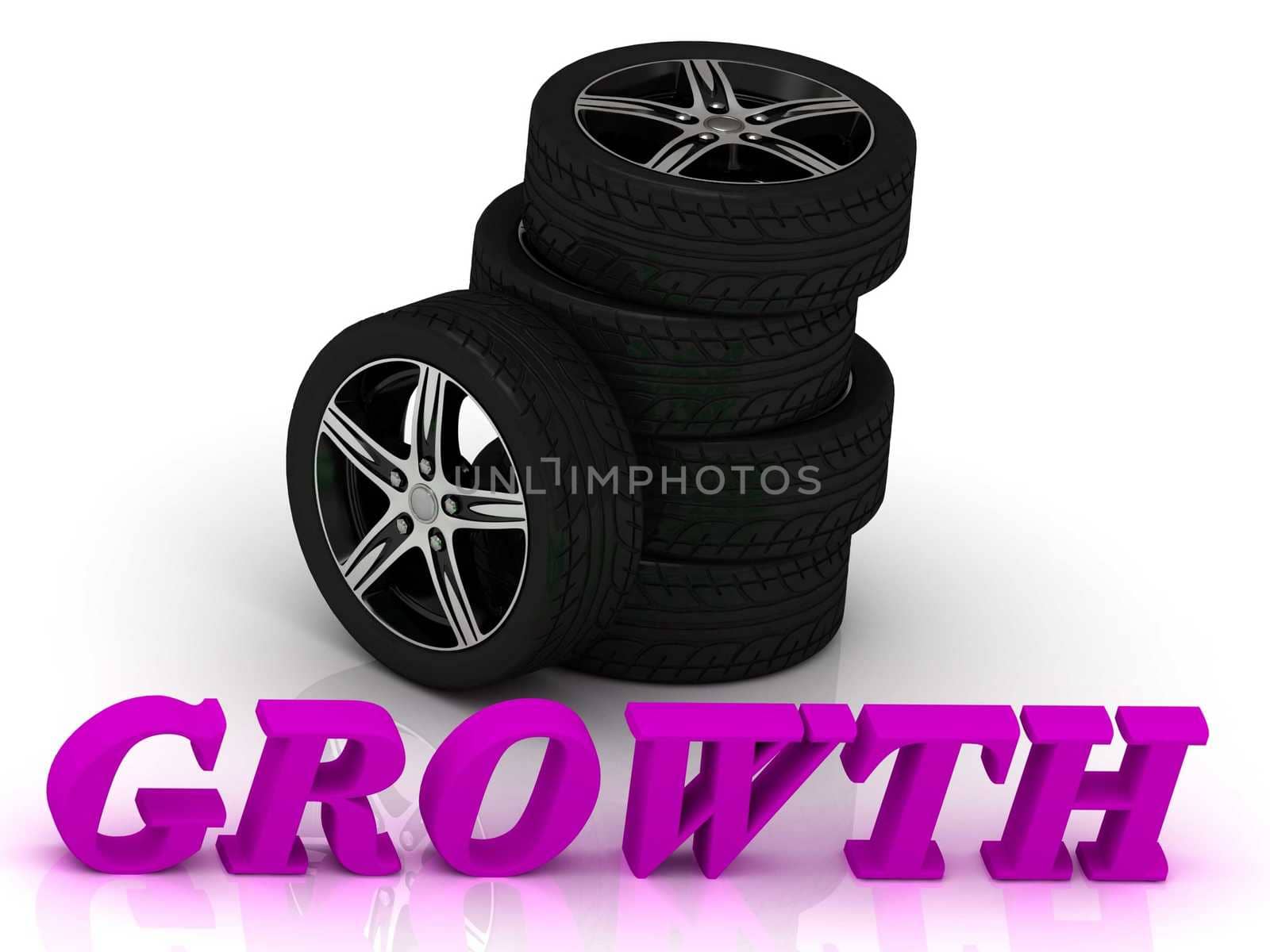 GROWTH- bright letters and rims mashine black wheels on a white background