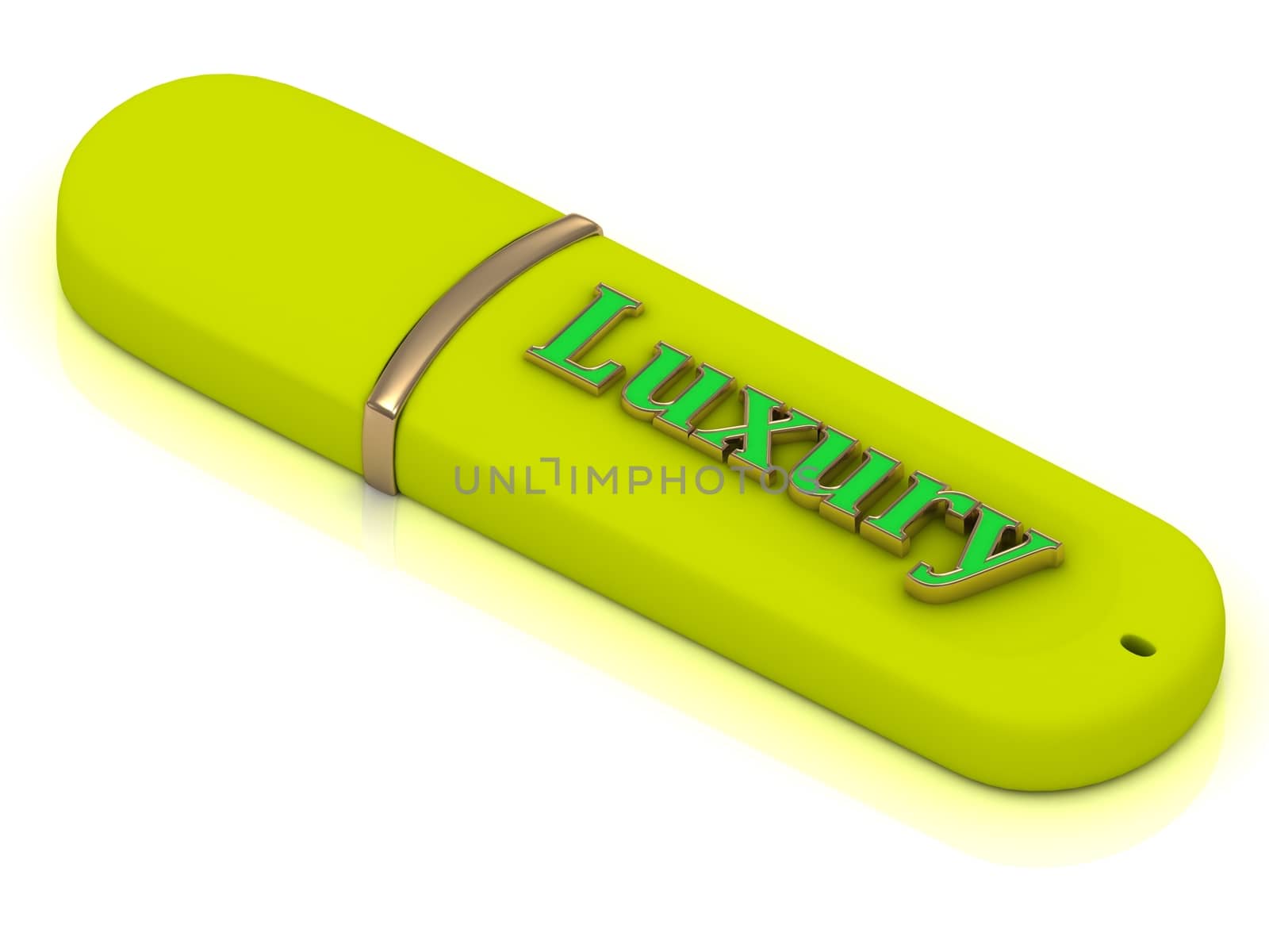 Luxury - inscription bright volume letter on yellow USB flash drive on white background