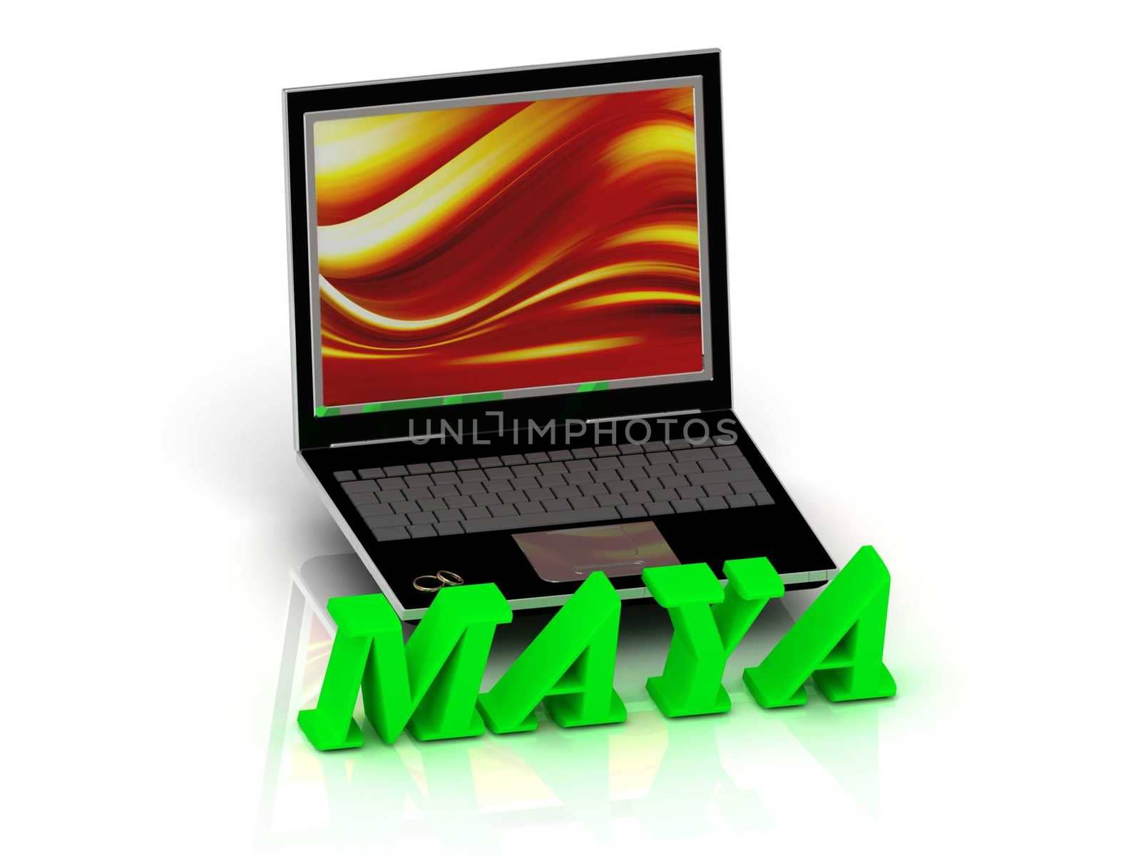 MAYA- Name and Family bright letters near Notebook and inscription Dating on a white background