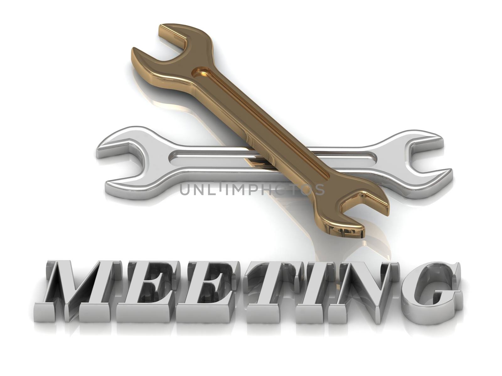 MEETING- inscription of metal letters and 2 keys on white background