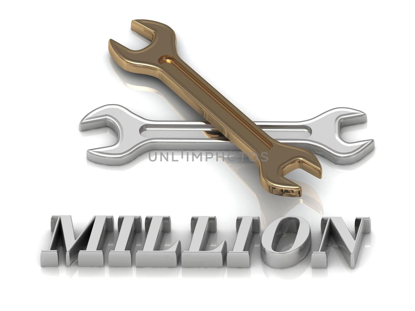 MILLION- inscription of metal letters and 2 keys on white background