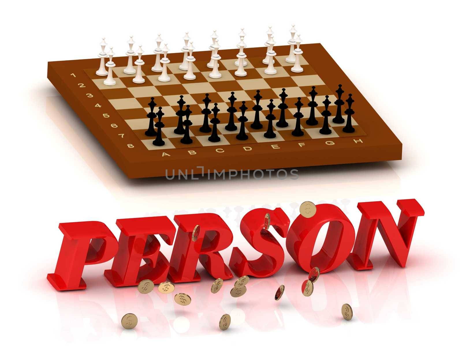 PERSON- inscription of color letters and chess on white background