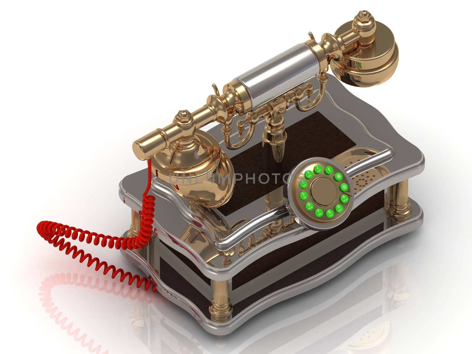 Vintage old telephone with binoculars conceptual still life on white background
