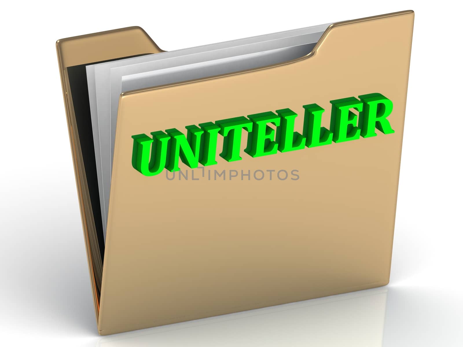 UNITELLER- bright letters on a gold folder on by GreenMost