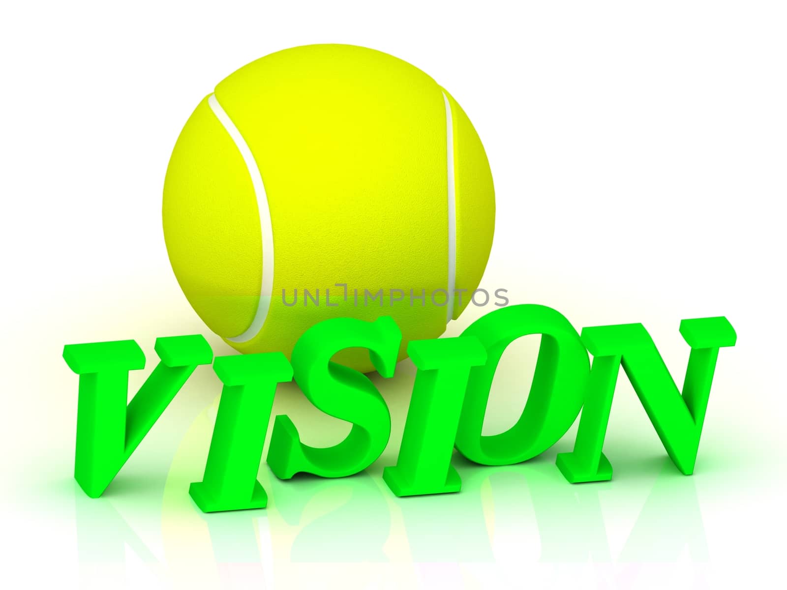 VISION - bright green letters and a yellow tennis ball on a white background