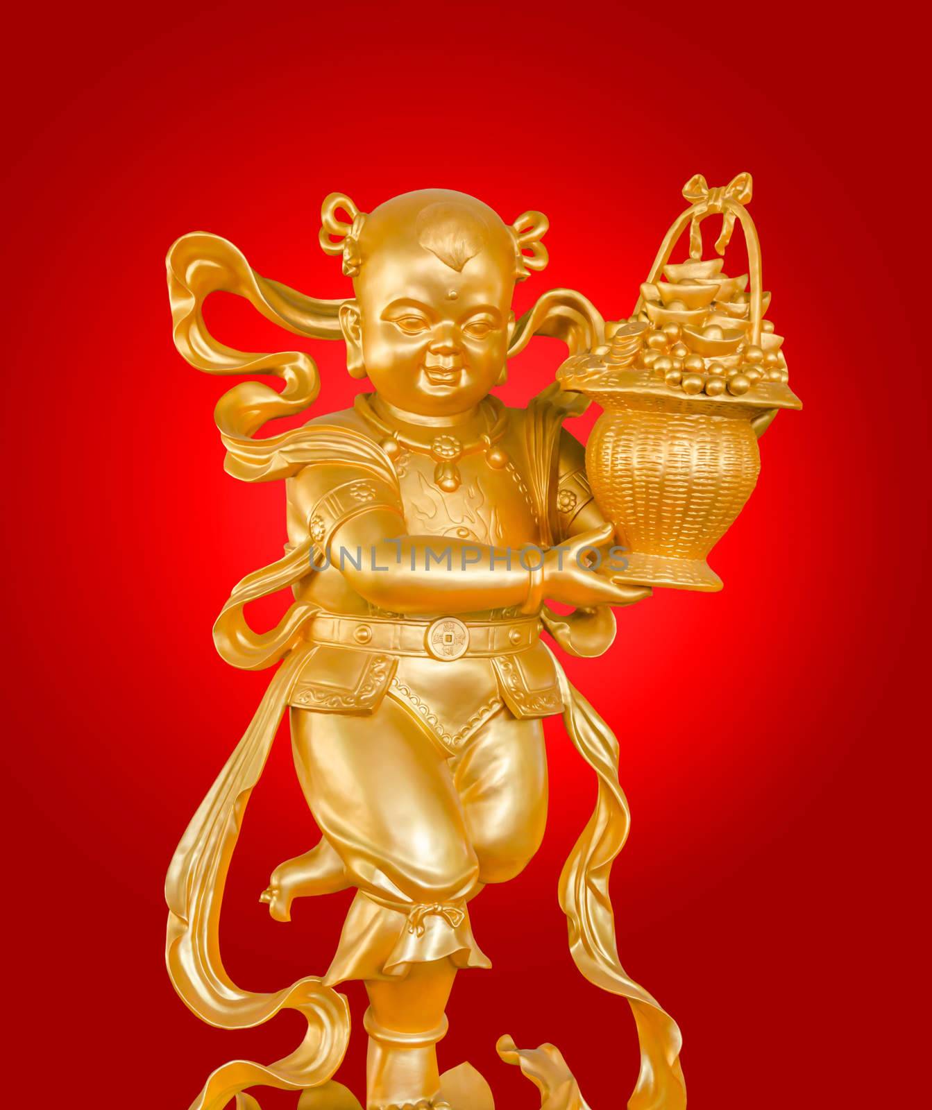 Gold God of Wealth or prosperity (Cai Shen) statue on red background.