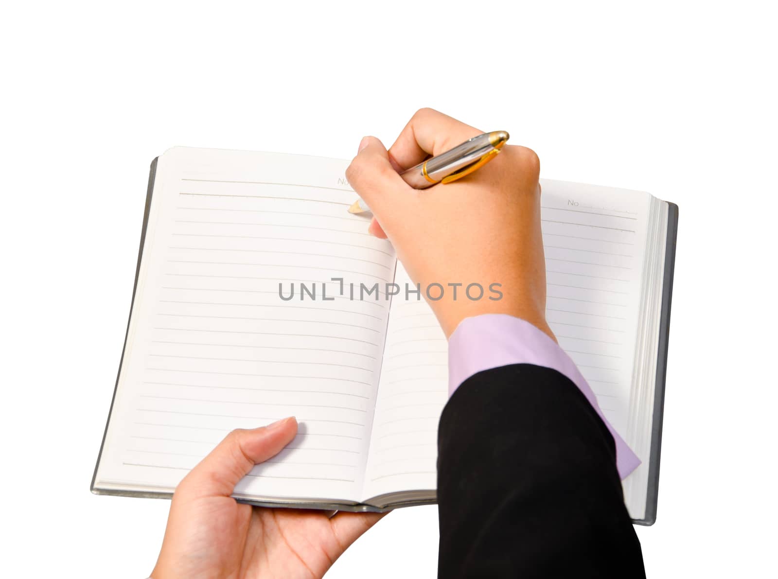 Business woman wrote on the notebook. clipping path.