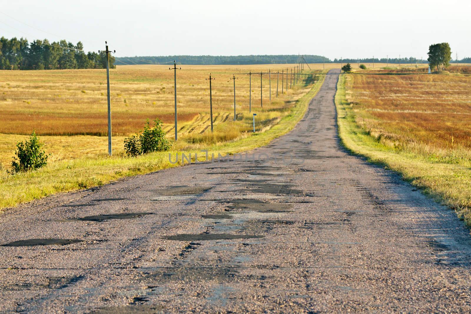 A perspective view of rough paved road in a countryside in a sunny late afternoon
