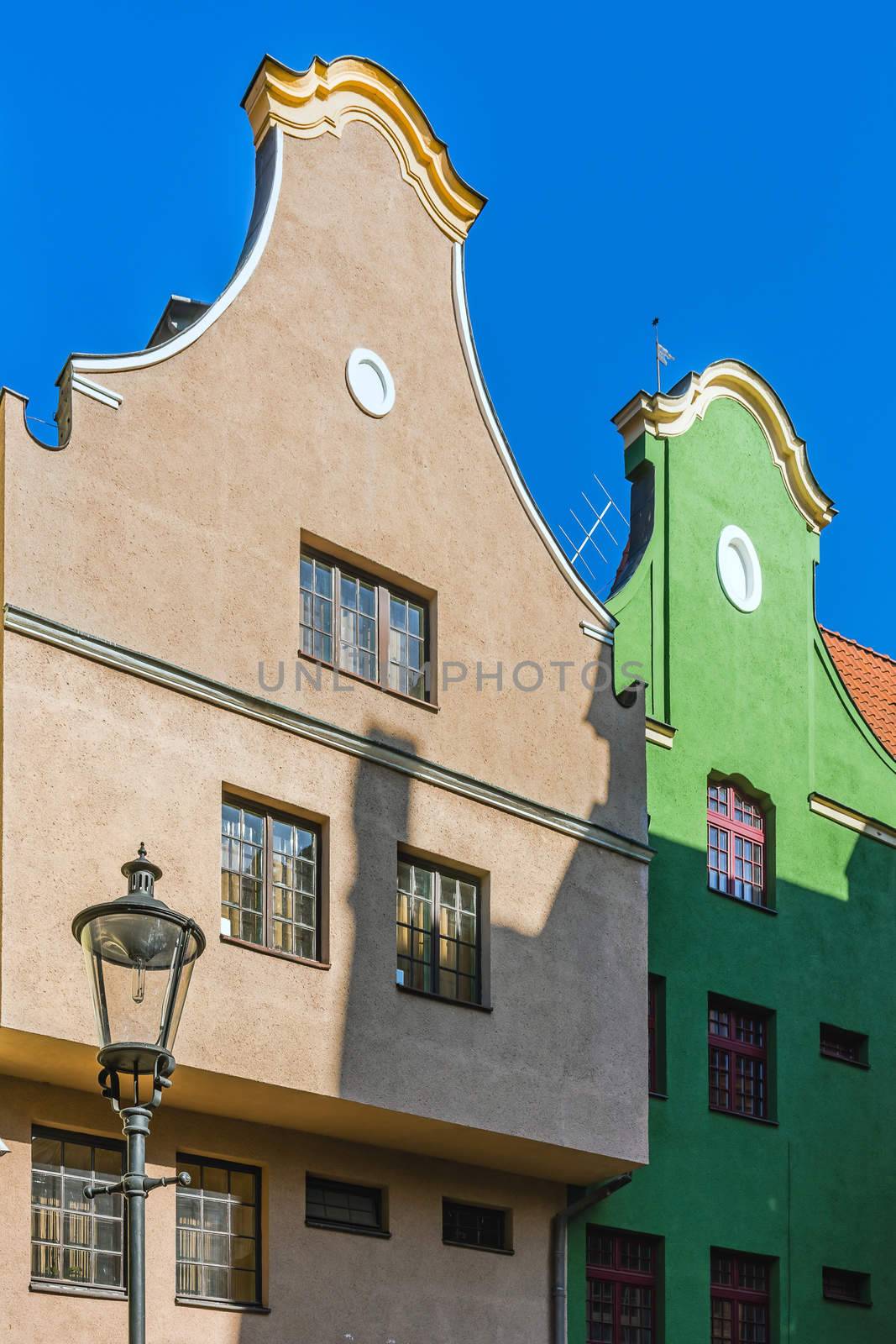 Facades of ancient tenements in the old town in Gdansk, Poland.