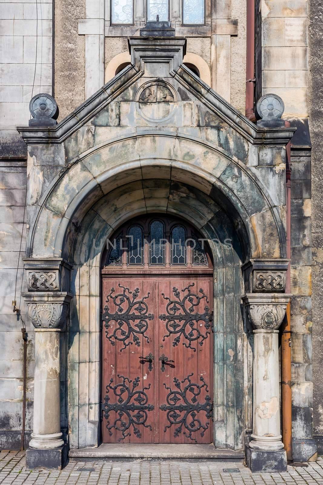 Entrance to the Lutheran Church of the Saviour in Tarnowskie Gory, Silesia region, Poland.