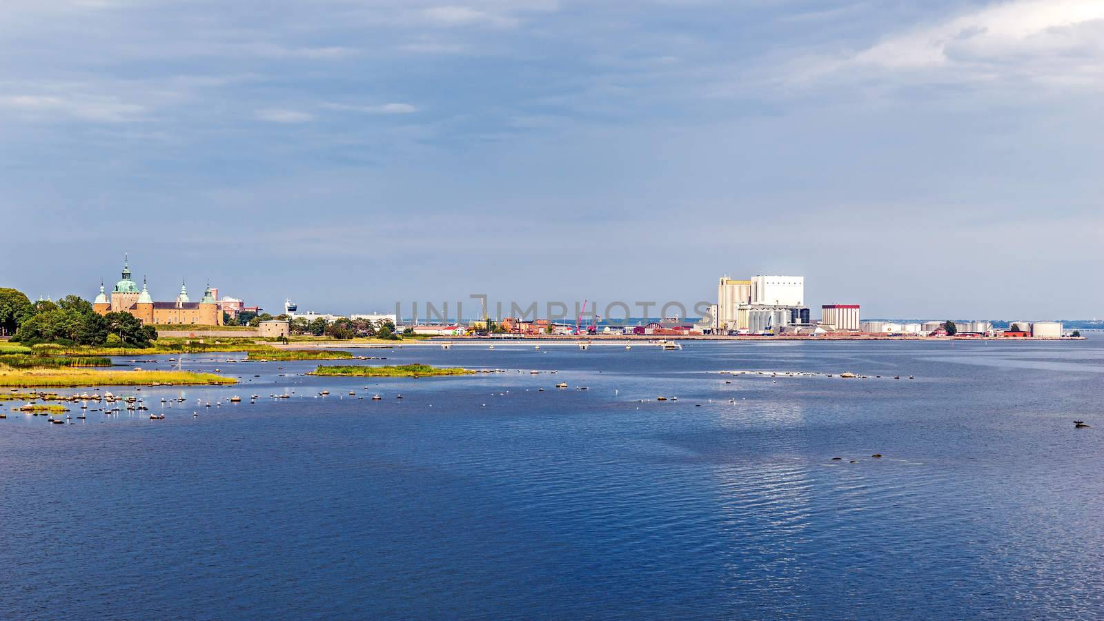 Distant view of the ancient castle and the harbor in Kalmar, Sweden.