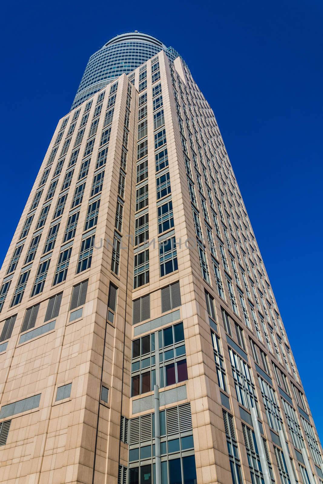 Warsaw Trade Tower built by Daewoo concern in 1999 at 208 m high with 43 floors above the ground. One of the three buildings in town with a height exceeding 200 meters.