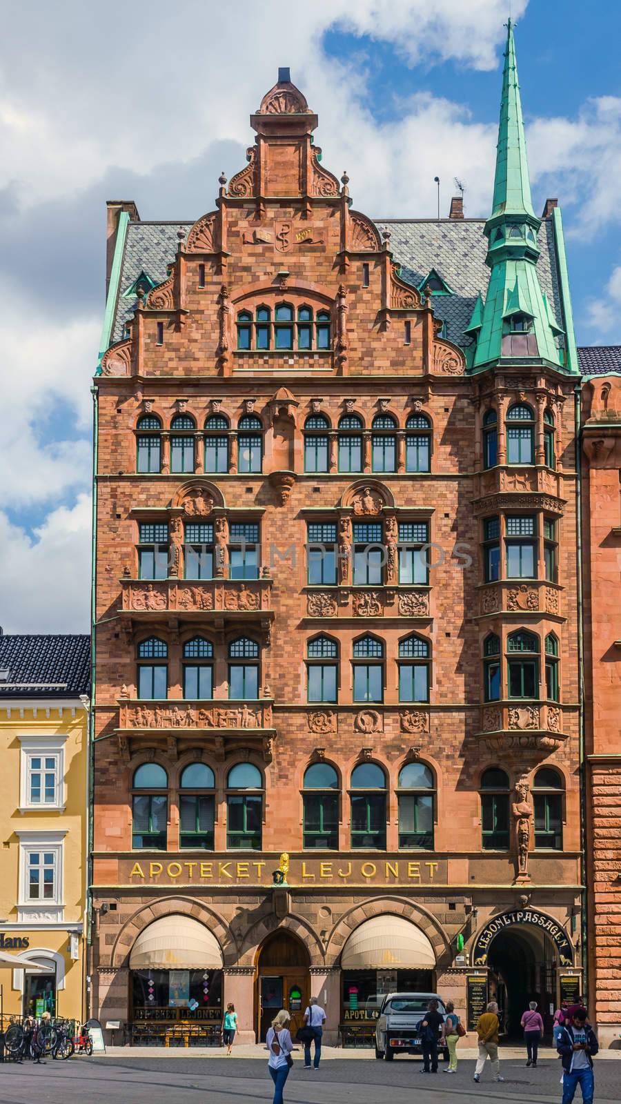 The city’s oldest pharmacy Apoteket Lejonet on the City Hall Square in Malmo, well-known for its vintage Art Noveau interior with carved wooden shelves and glass-plated ceiling