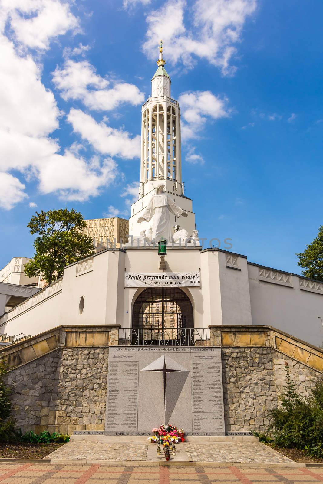 St. Roch's Church in Białystok. In the foreground the plaque commemorating Polish President Lech Kaczynski and other victims of the air crash in Smolensk on April 10, 2010.