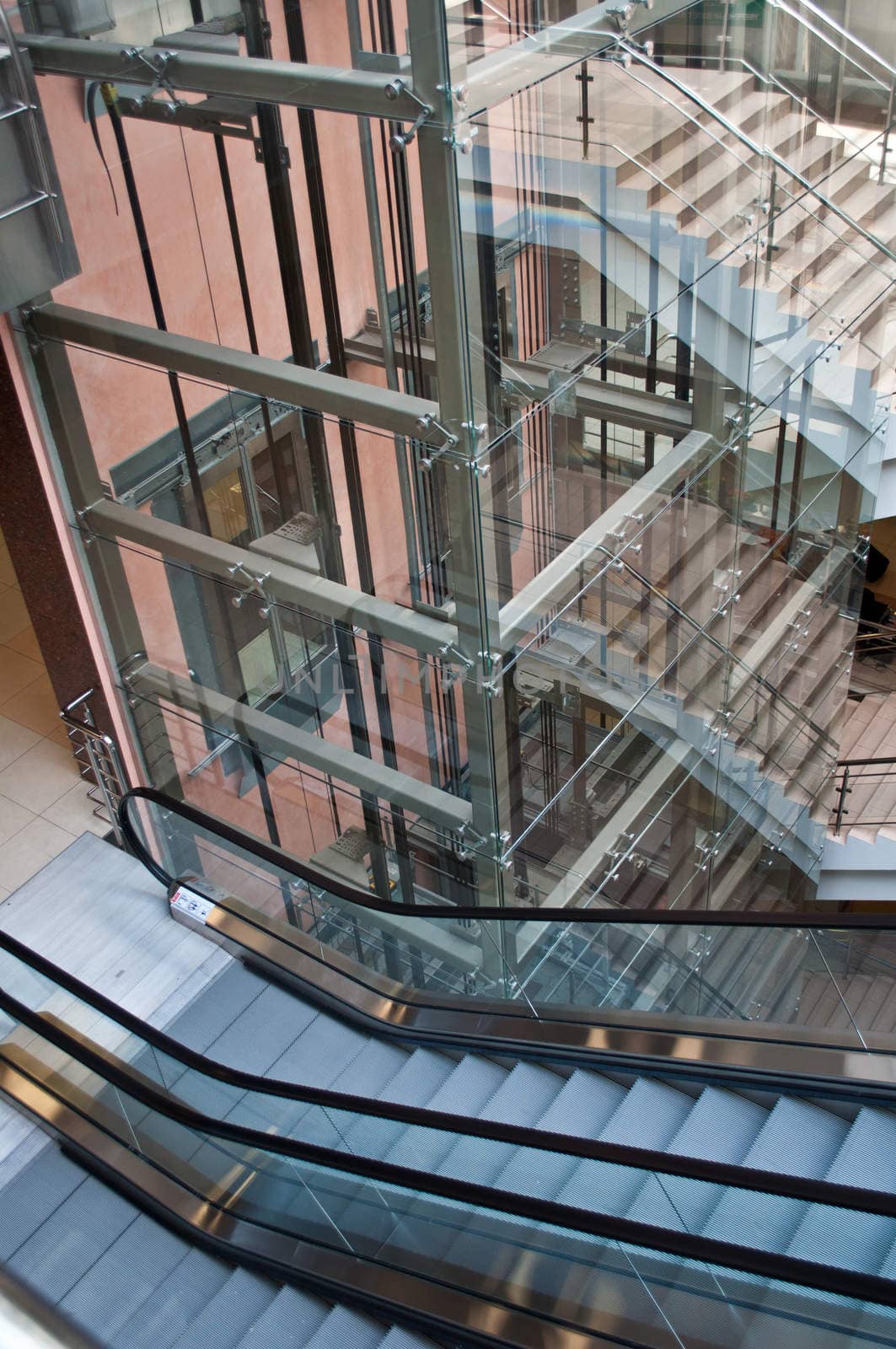 Glass lift shafts and escalators in a modern office building by vlaru