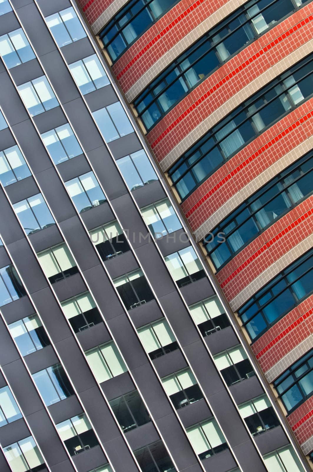 close-up on the wall with the windows of modern buildings