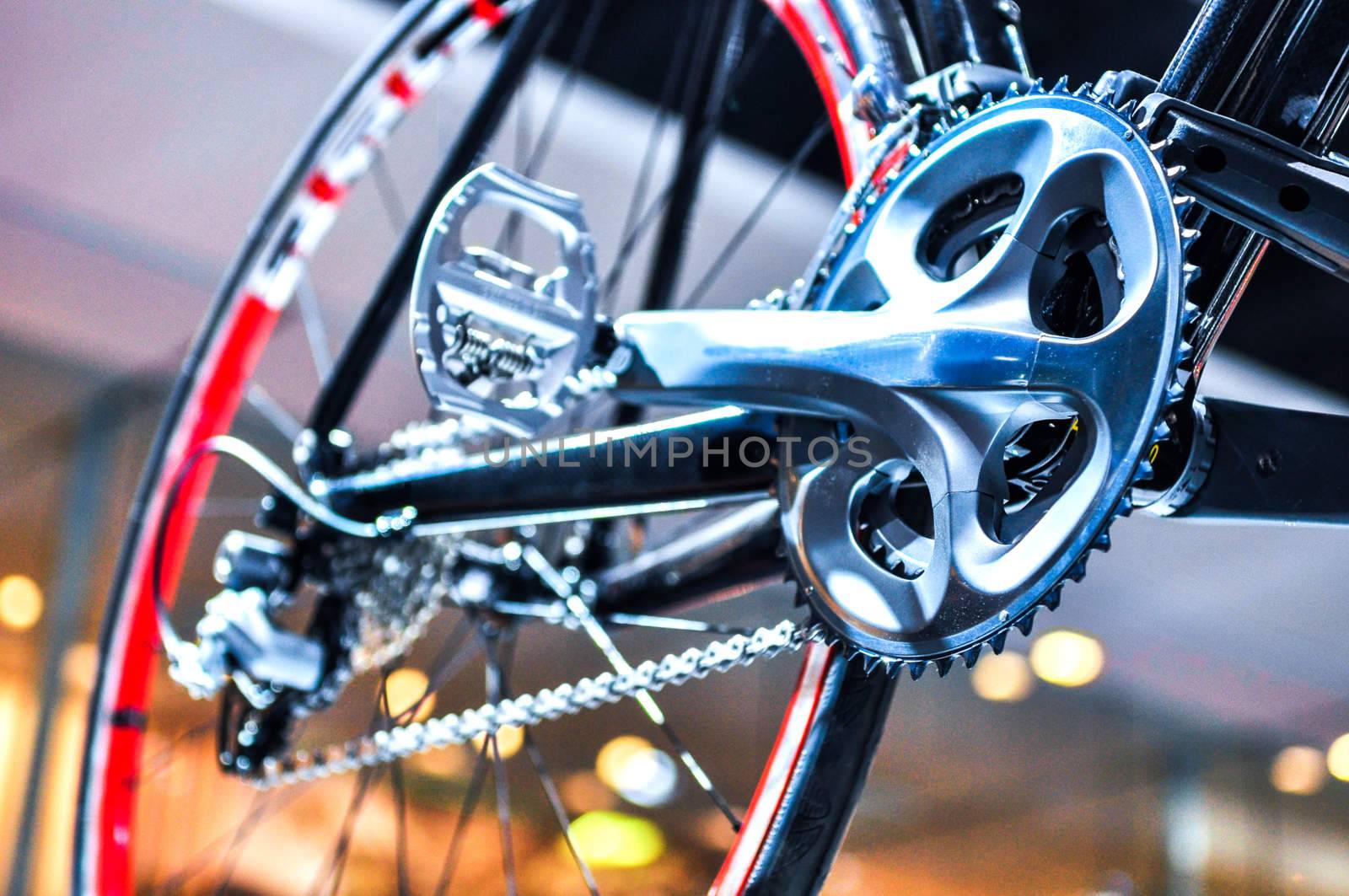 gear and chain of racing bicycle closeup