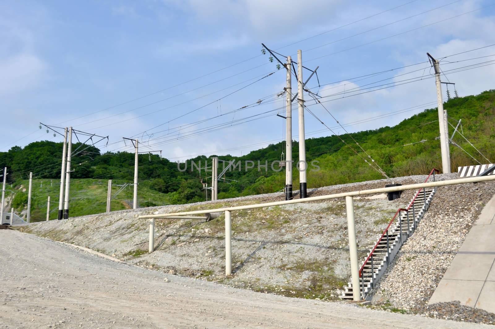 railroad track, embankment, and power poles