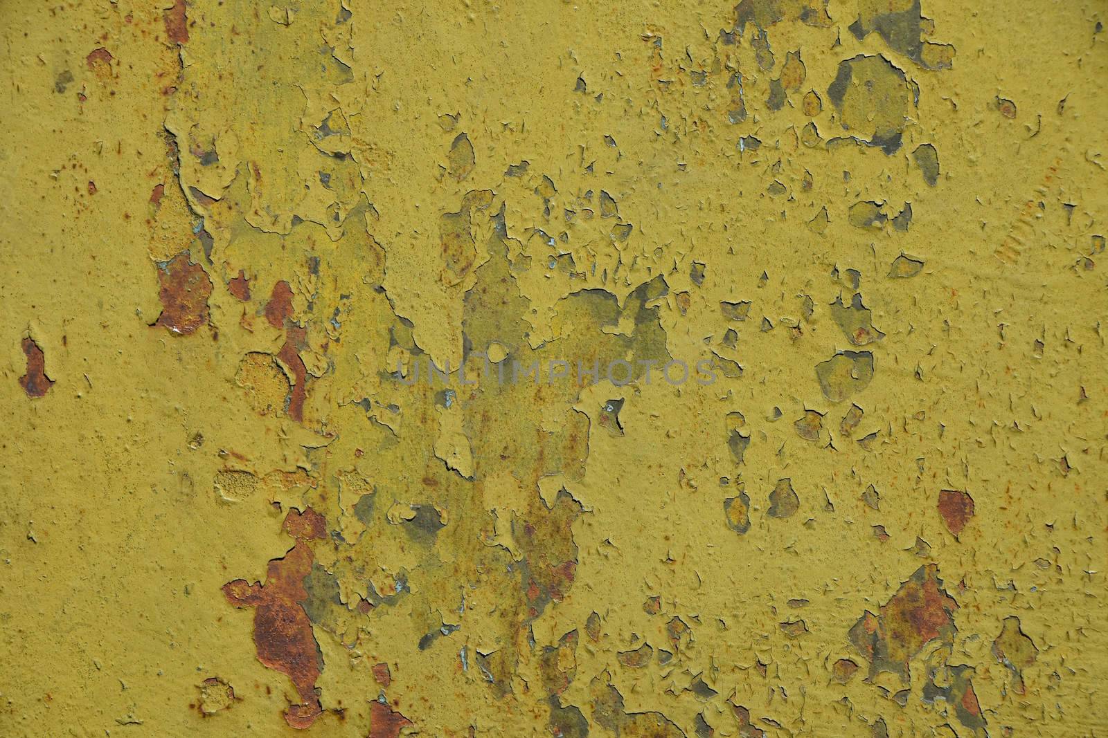 Stained corroded rusty yellow khaki painted metal surface with flakes and scratches