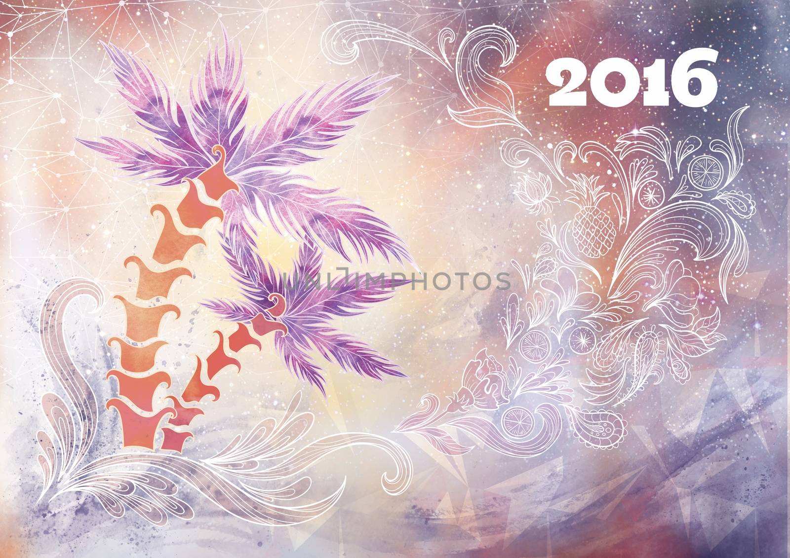 2016 Sparkling card with palms, waves and tropical ornaments for design