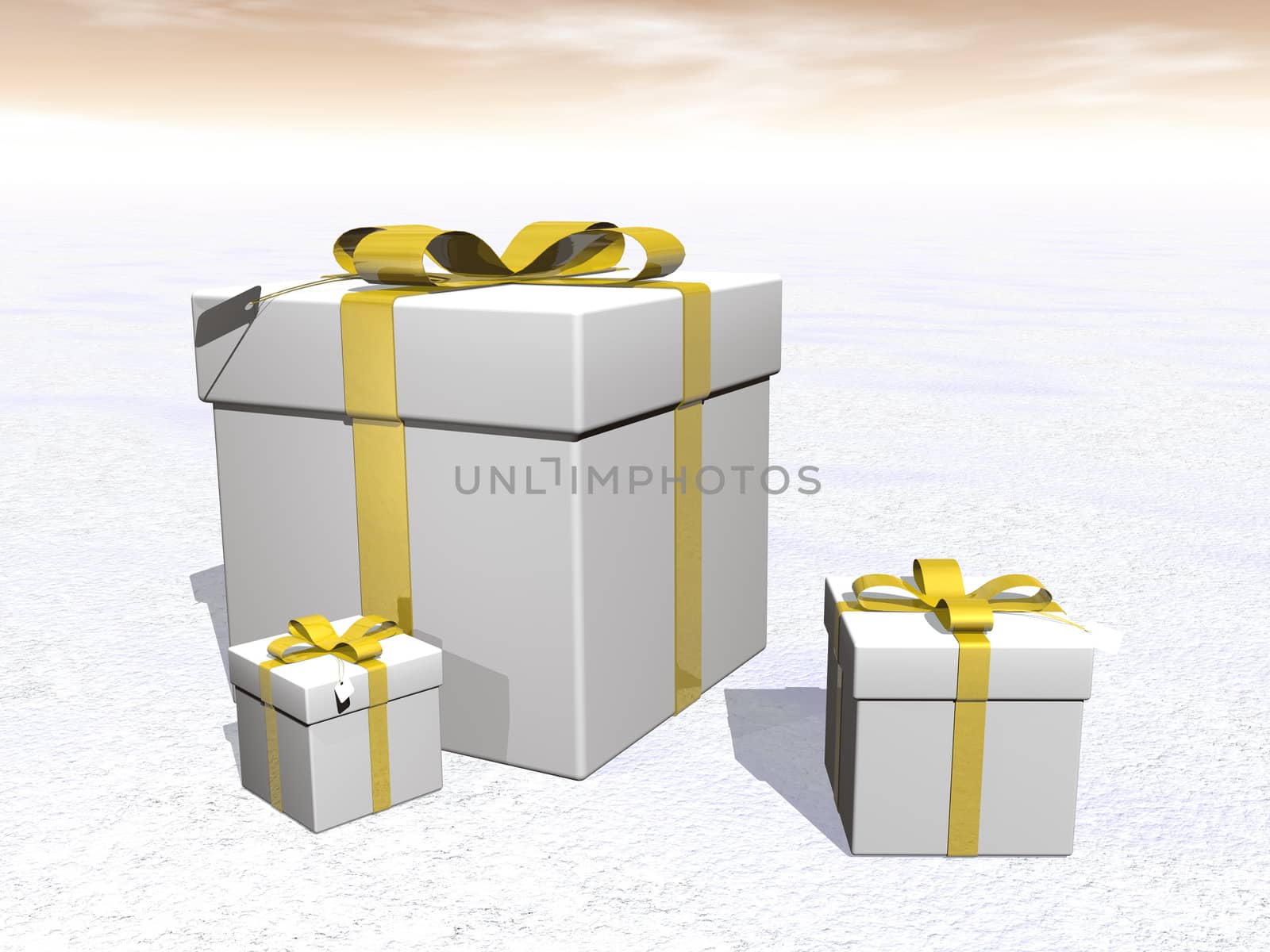 Three gifts with gold ribbon by sunset - 3D render