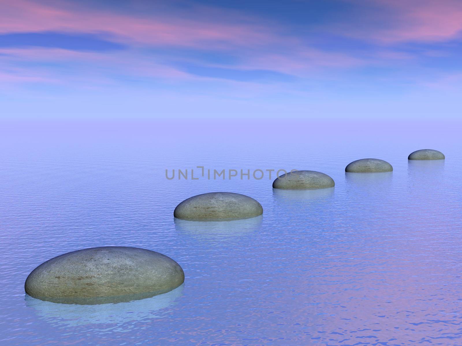Grey stones steps upon the ocean by sunset - 3D render