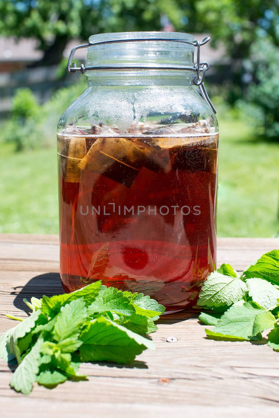 Summer sun tea brewing outdoors beverage