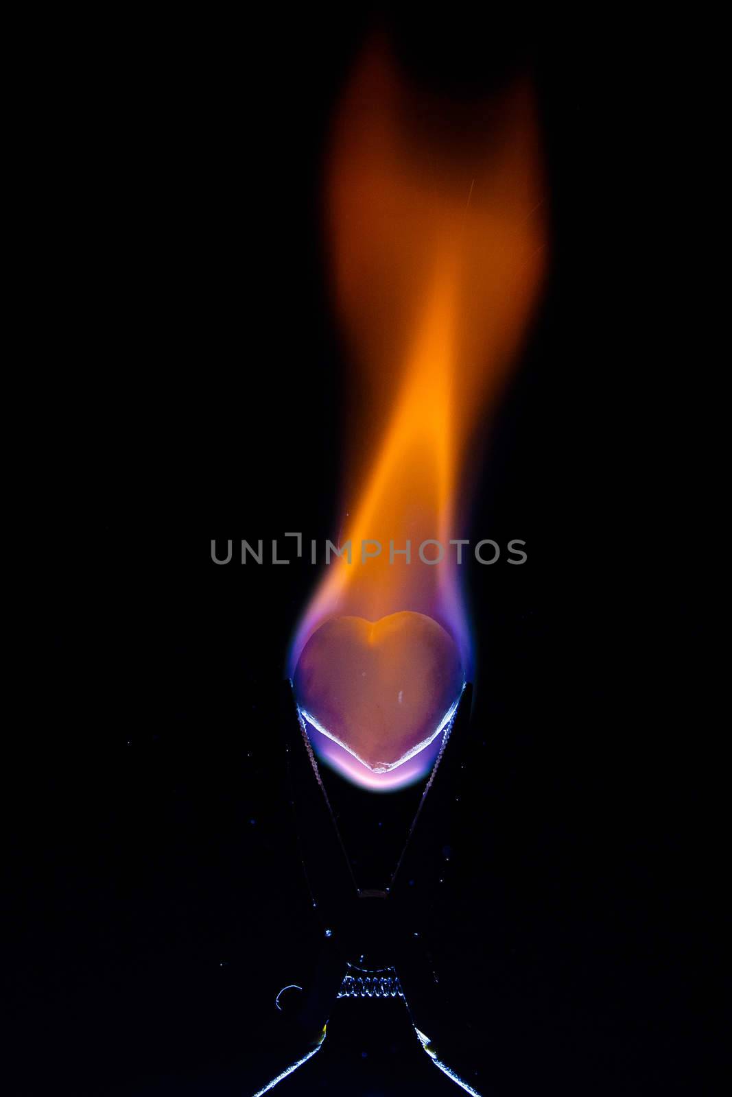 Burning heart shape in the grip on black background