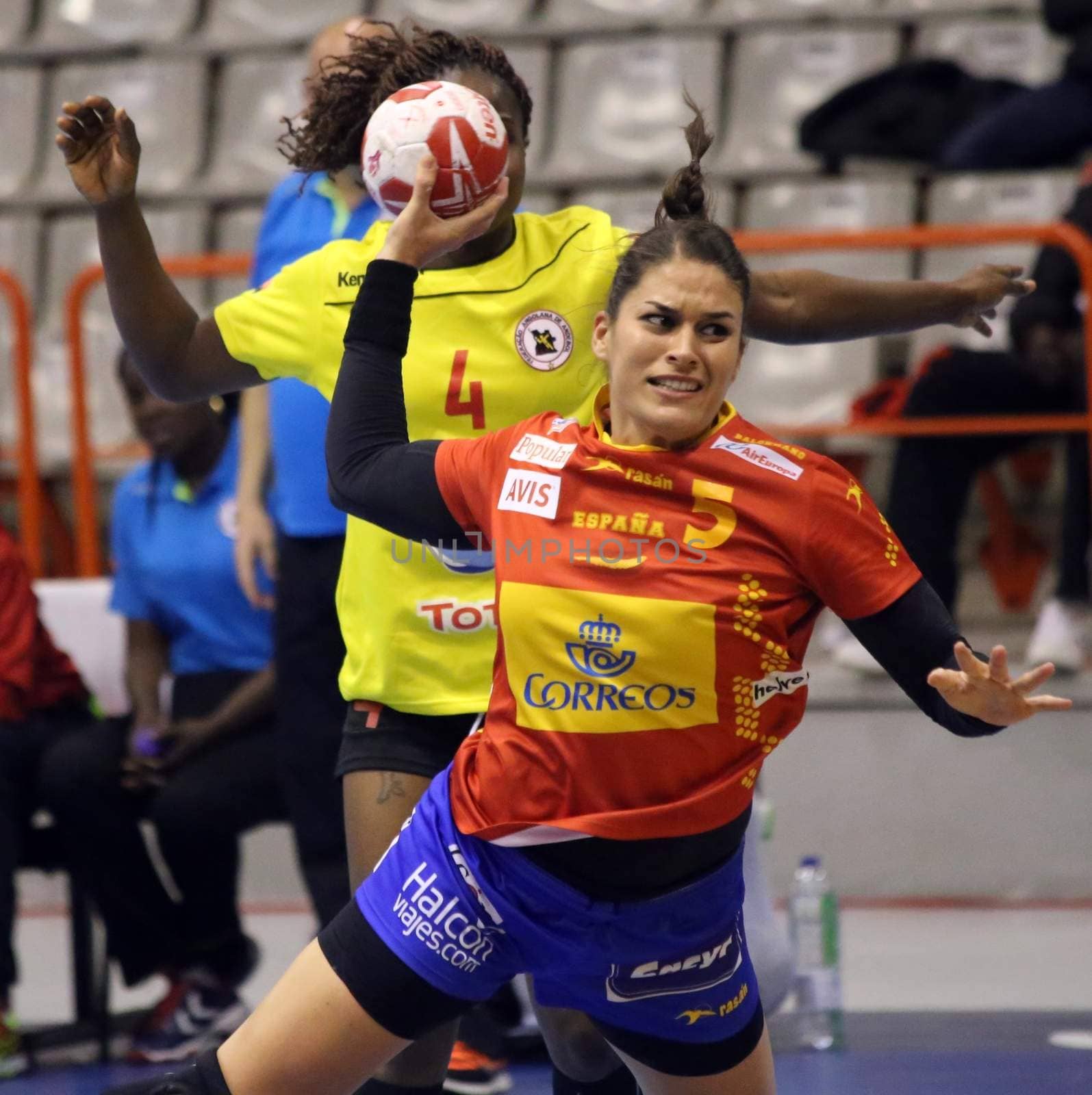 SPAIN, Gijon: A Spanish handballer prepares to launch the ball during the game against Angola on November 27, 2015 at the Torneo Internacional de Espa�a in Gijon, Spain. Spain would go on to win by a score of 37-27.