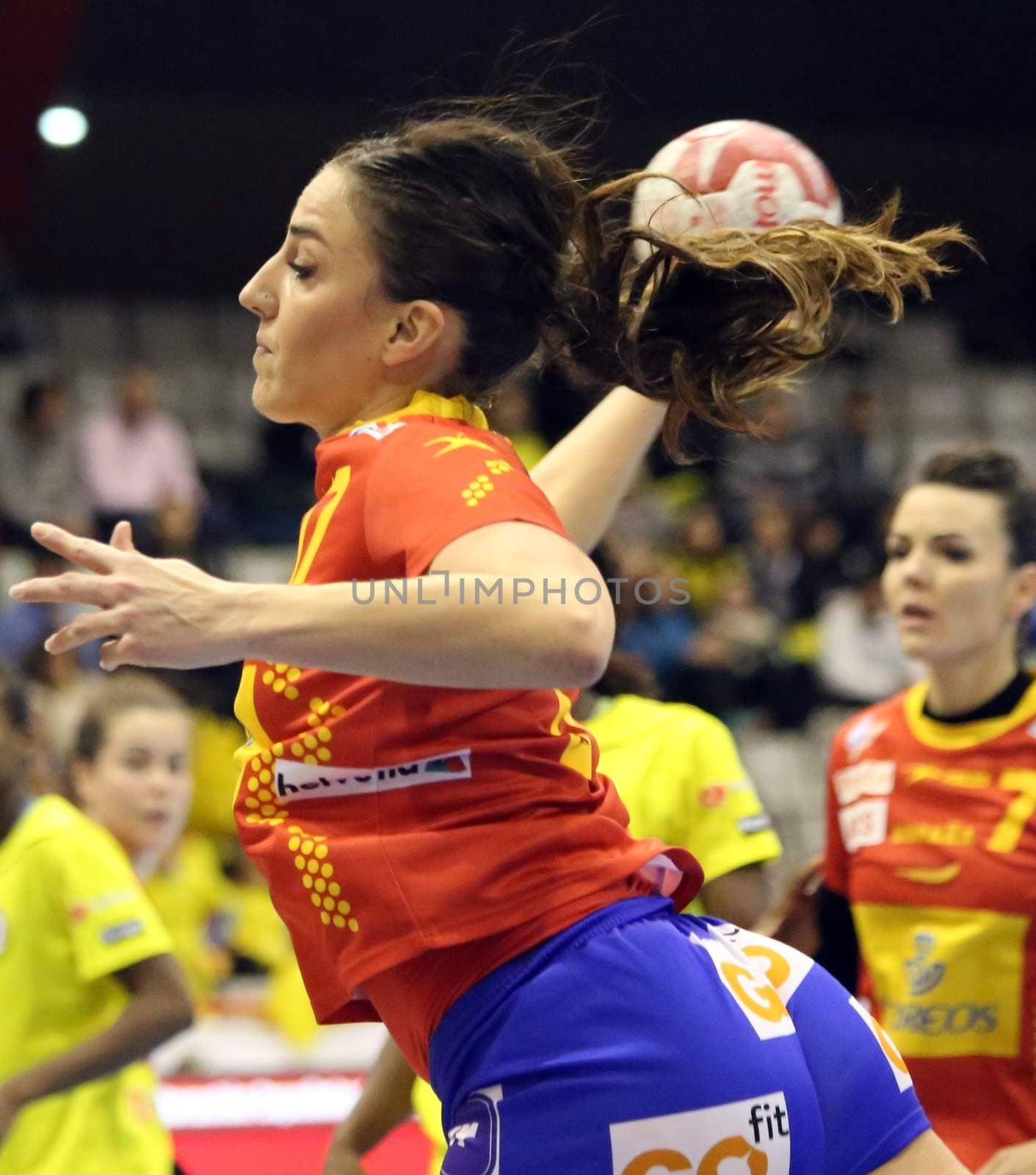 SPAIN, Gijon: A Spanish handballer prepares to launch the ball during the game against Angola on November 27, 2015 at the Torneo Internacional de Espa�a in Gijon, Spain. Spain would go on to win by a score of 37-27.