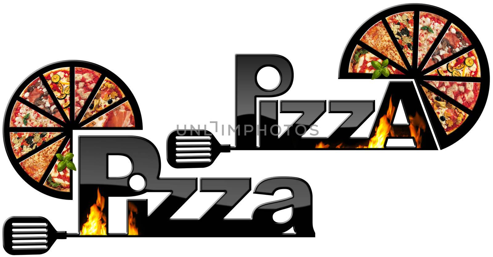 Two black symbols with the slices of pizza, flames, text Pizza and spatula. Isolated on white background