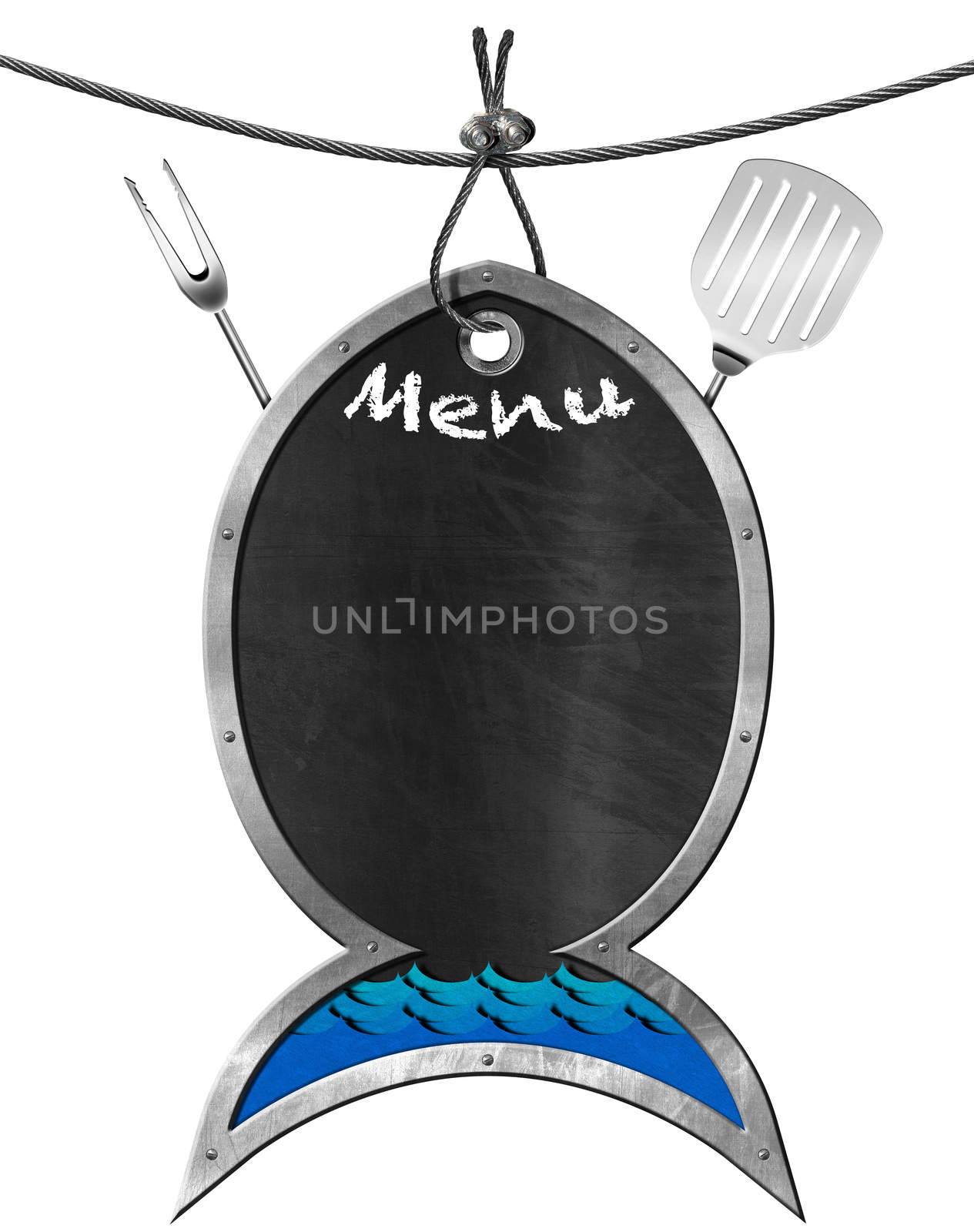 Blackboard with metal frame in the shape of fish with fork, spatula and blue waves. Isolated on white and hanging from a steel cable