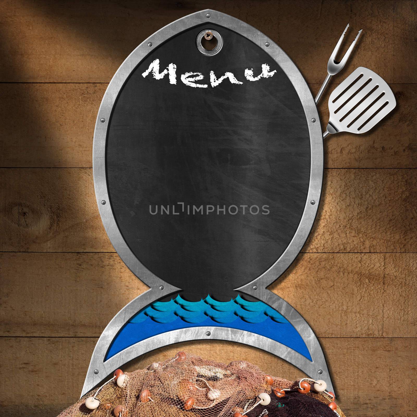 Blackboard with metal frame in the shape of fish with fork, spatula and blue waves. On a wooden wall with fishing net