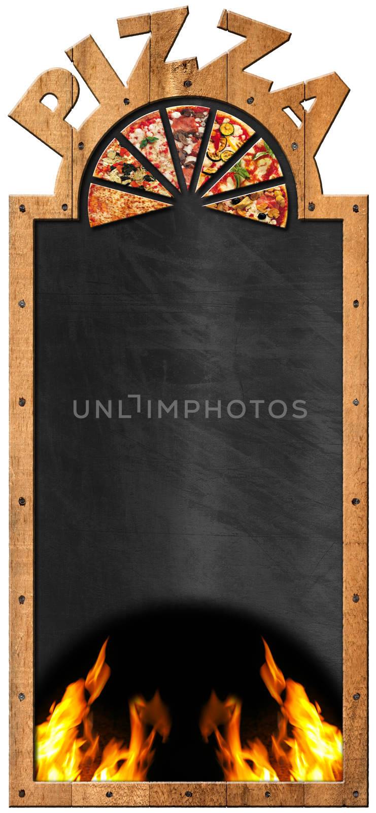 Empty blackboard with wooden frame and text Pizza, flames and slices of pizza. Template for a pizza menu isolated on white