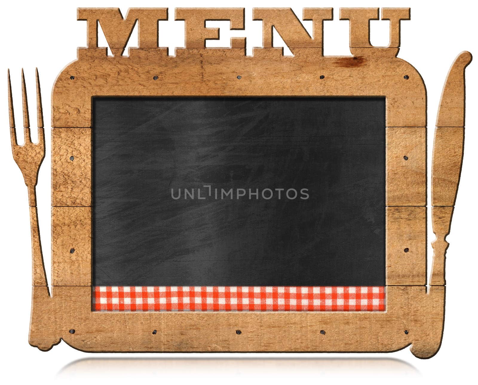 Empty blackboard with checkered tablecloth, wooden frame with text Menu, fork and knife. Template for recipes or food menu