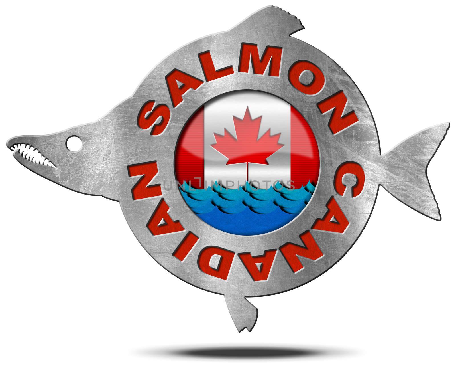 Metallic icon or symbol in the shape of a salmon fish with text Canadian salmon, blue waves and canadian flag. Isolated on a white background
