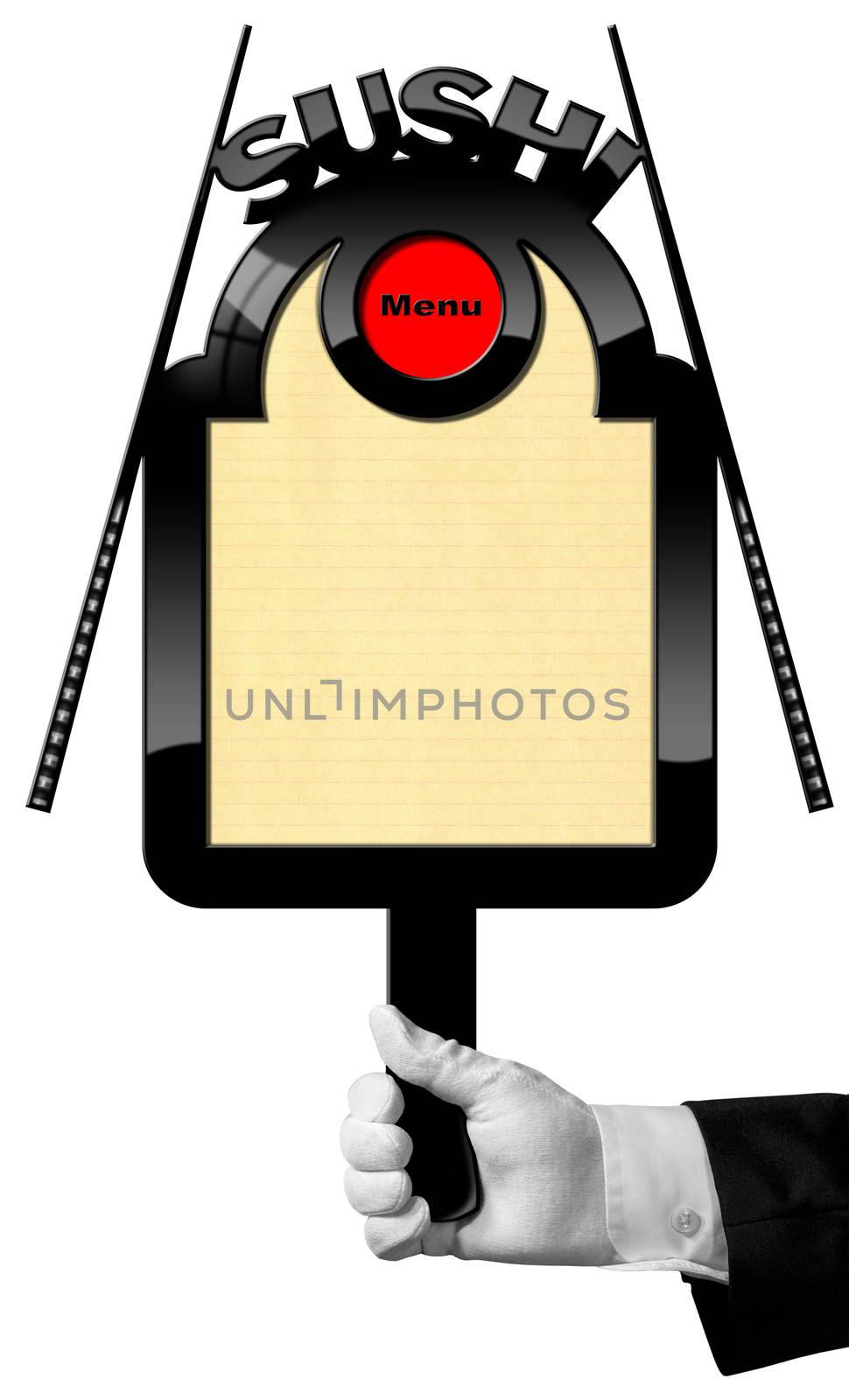 Chef holding a sign with black frame with text Sushi menu and chopsticks. Template for a sushi menu isolated on white
