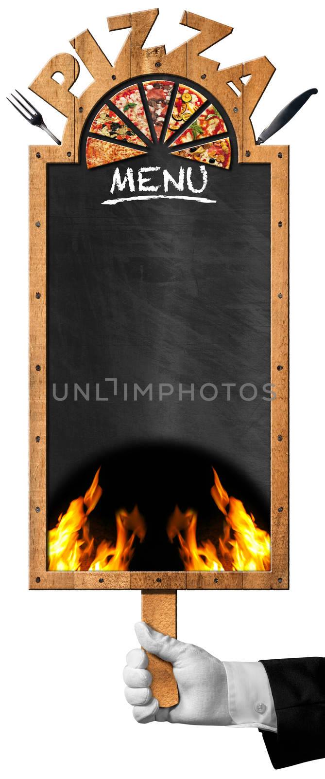 Hand of chef with white glove holding an empty blackboard with wooden frame and text Pizza, flames and slices of pizza. Isolated on white