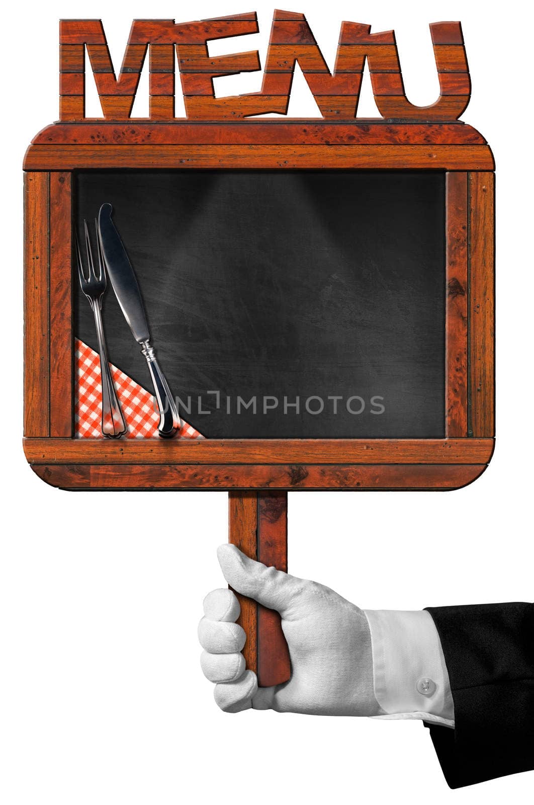Hand of chef with white glove holding an old empty blackboard with wooden frame with text menu, silver cutlery and checkered tablecloth