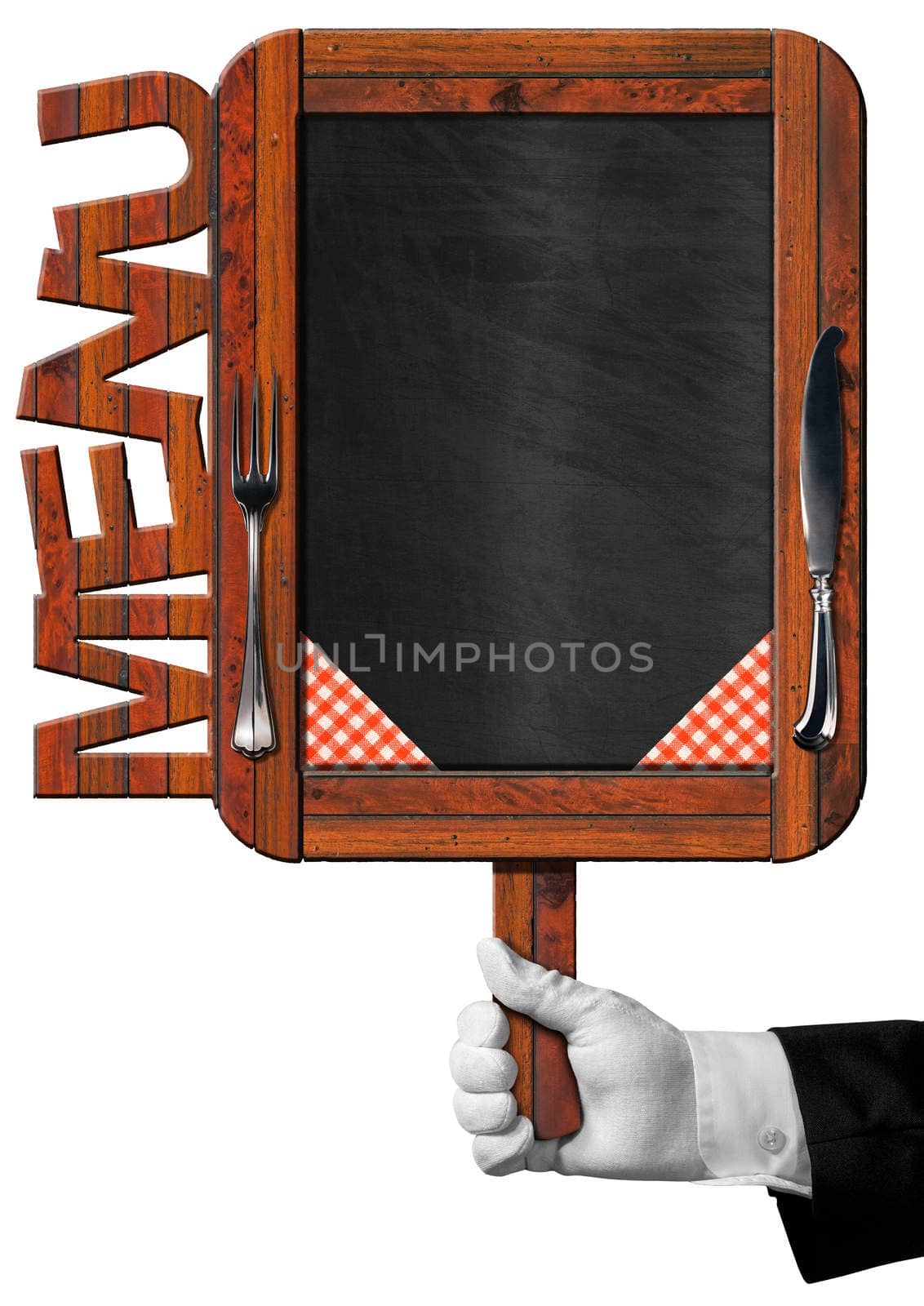 Hand of chef with white glove holding an old empty blackboard with wooden frame with text menu, silver cutlery and checkered tablecloth