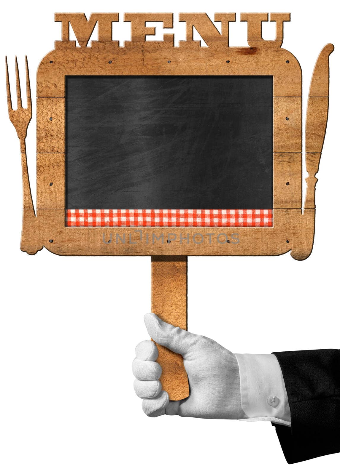 Chef with Old Blackboard with Text Menu by catalby