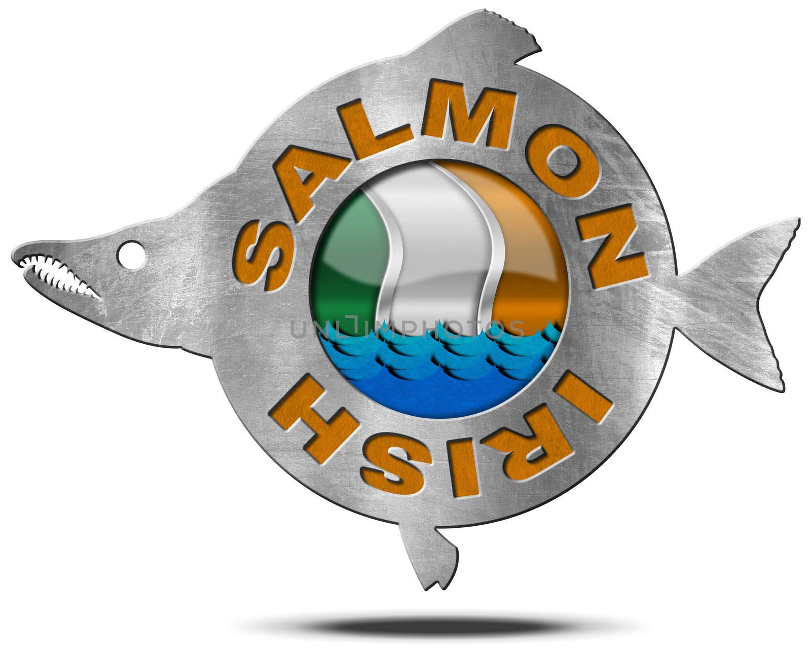 Metallic icon or symbol in the shape of a salmon fish with text Irish Salmon, blue waves and Irish flag. Isolated on a white background
