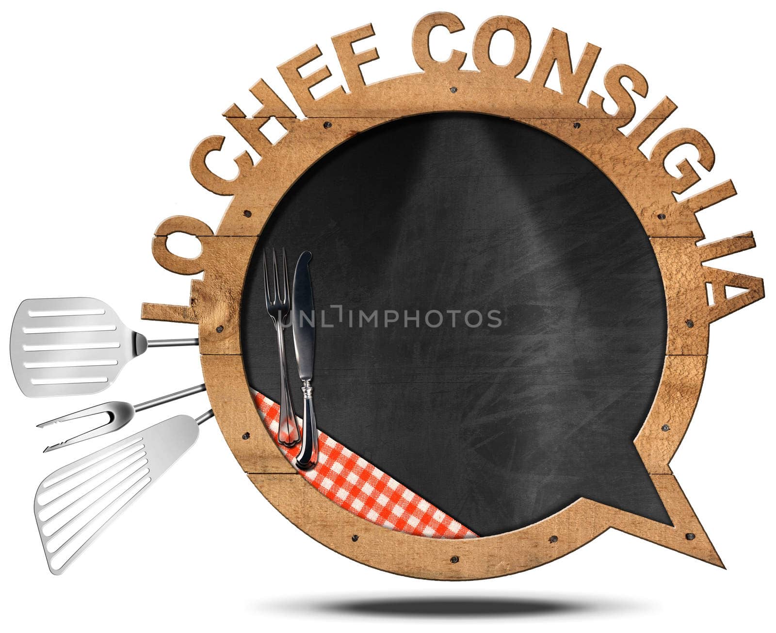Blackboard in the shape of speech bubble with text Lo chef consiglia (The chef recommends) in italian language. Isolated on white background