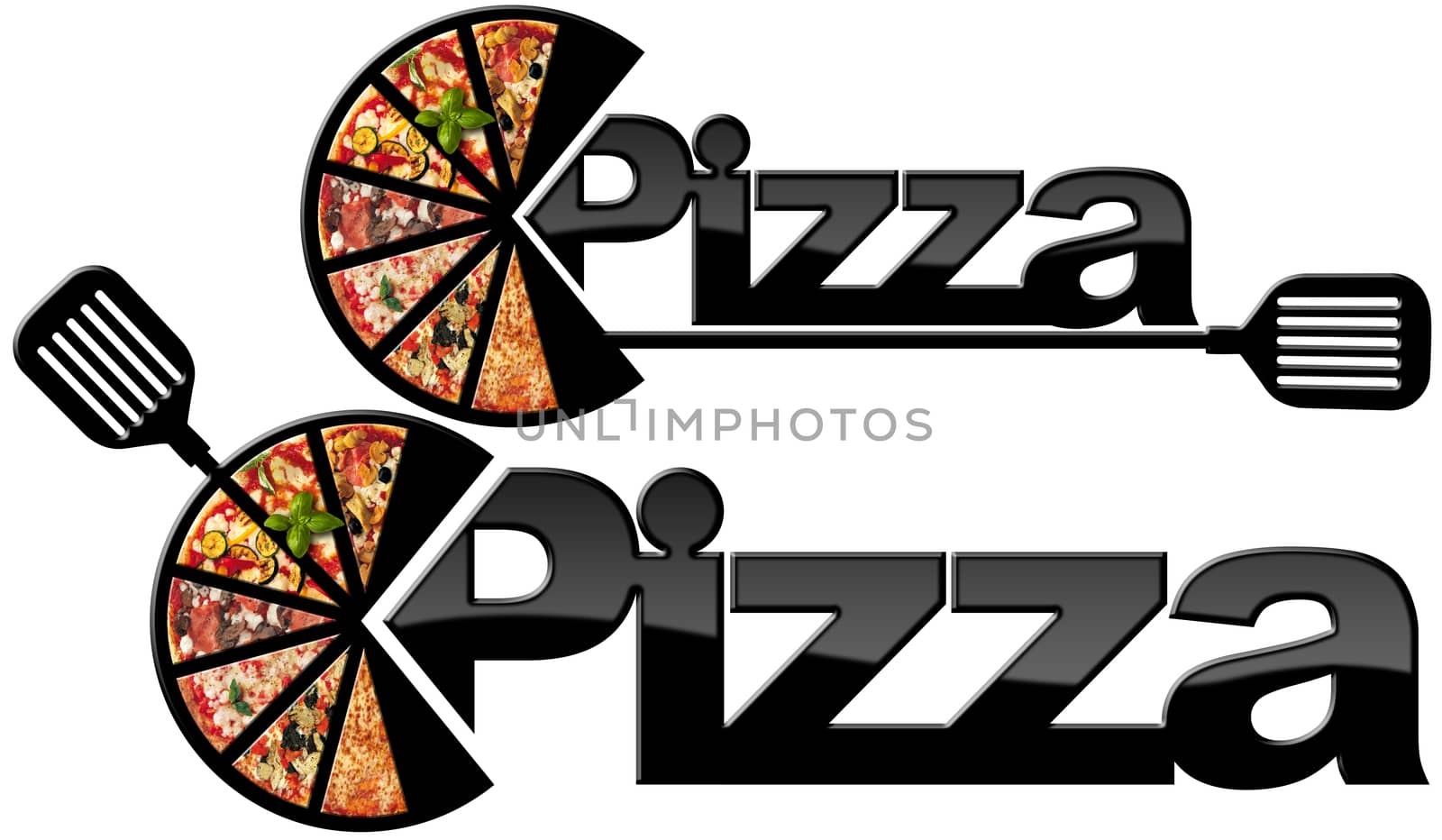 Two black symbols with the slices of pizza, text Pizza and spatula. Isolated on white background