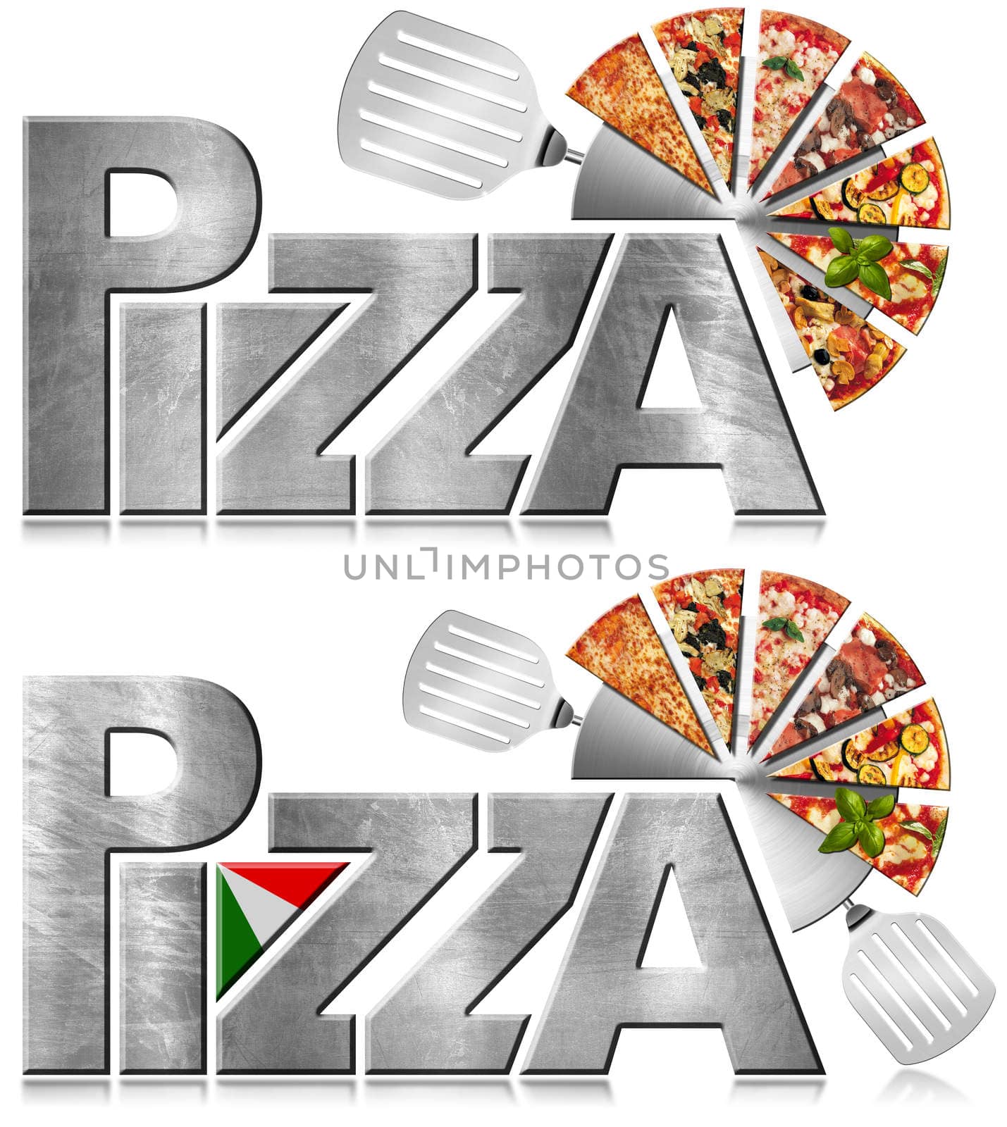 Two metallic icons or symbols with text Pizza, stainless steel pizza cutter, spatulas and slices of pizza. Isolated on a white background
