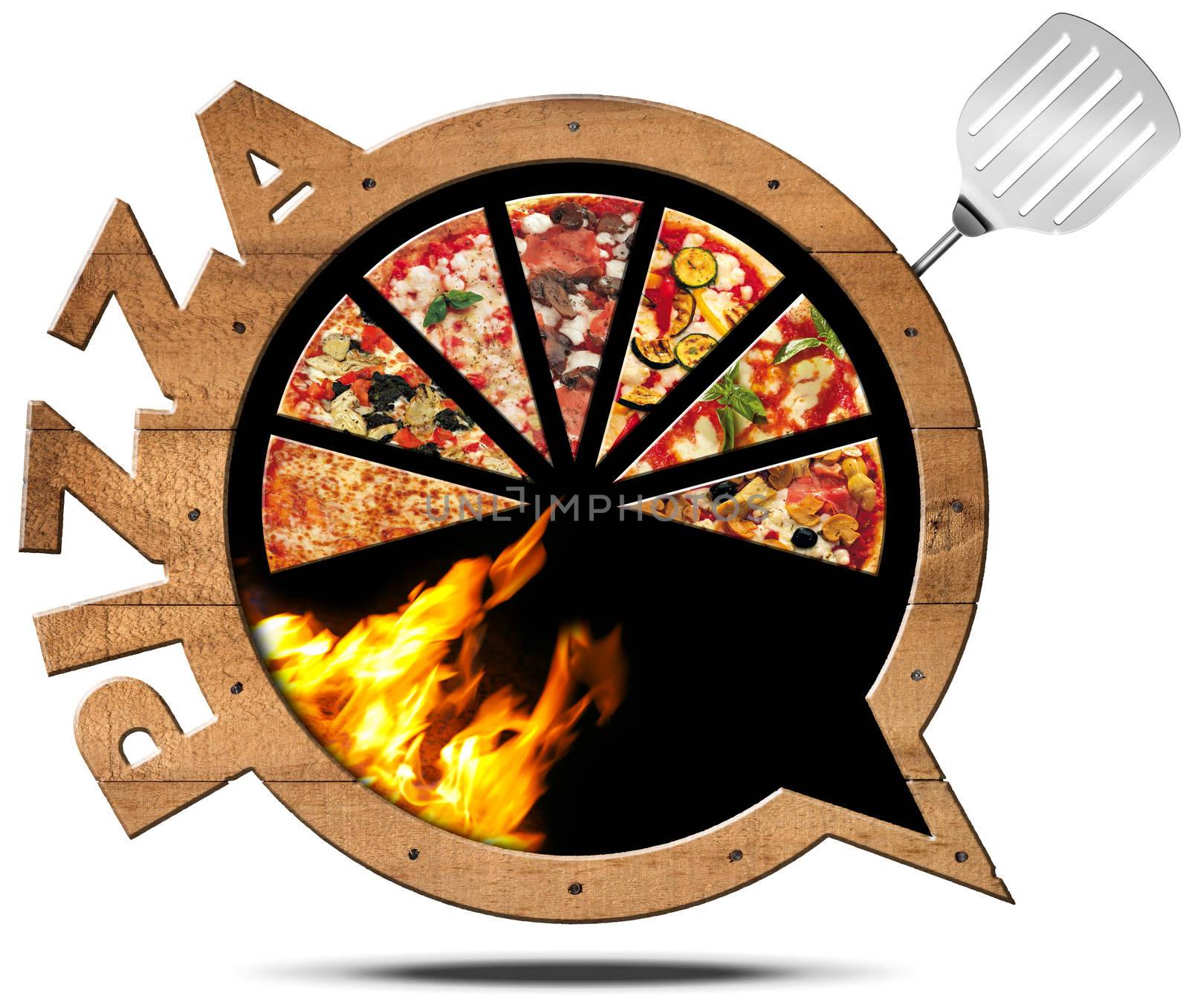 Wooden icon or symbol in the shape of speech bubble with pizza slices, flames and text Pizza. Isolated on white background
