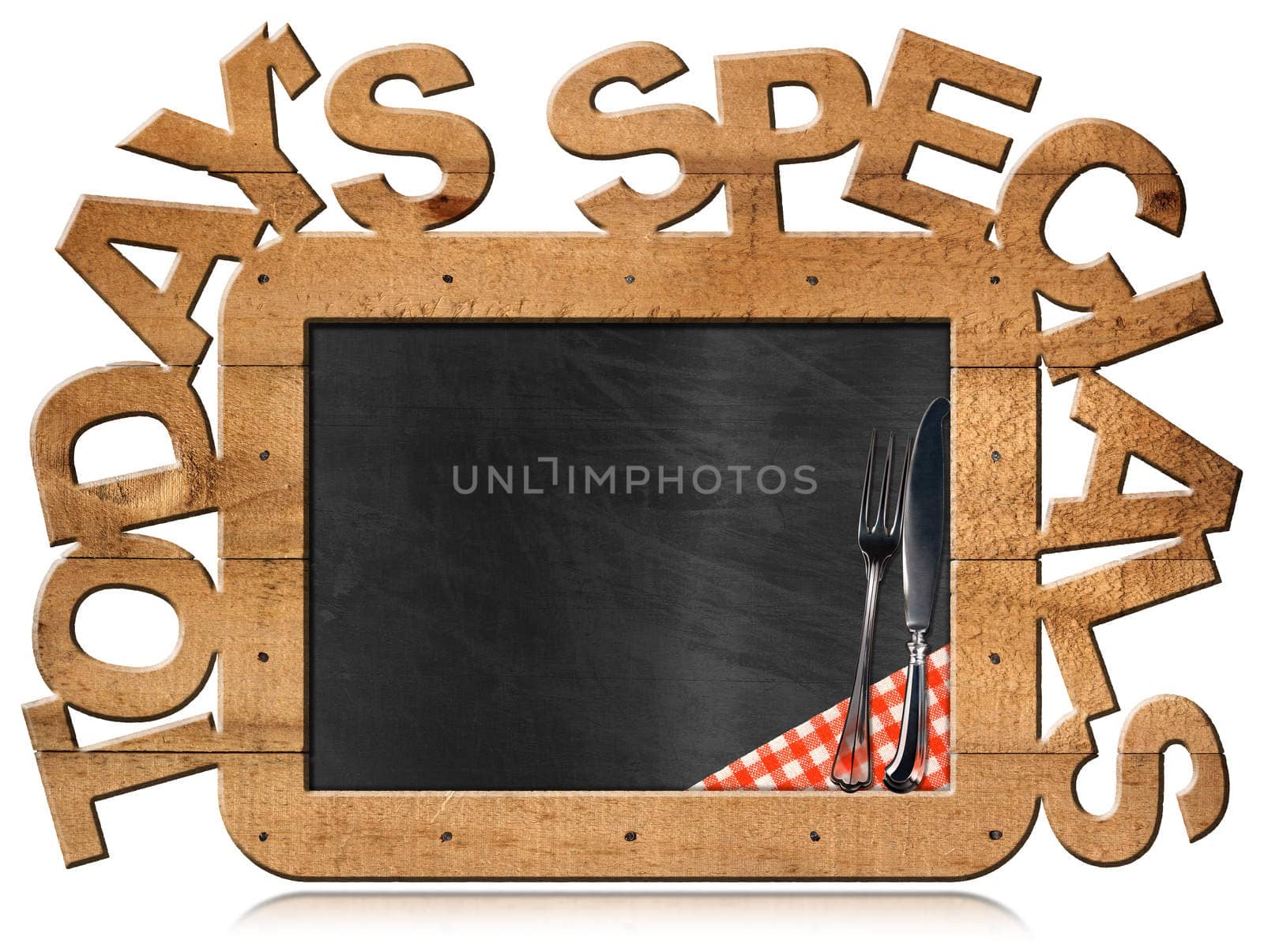 Blackboard with wooden frame and text Today's specials, silver cutlery and checkered tablecloth. Isolated on white background