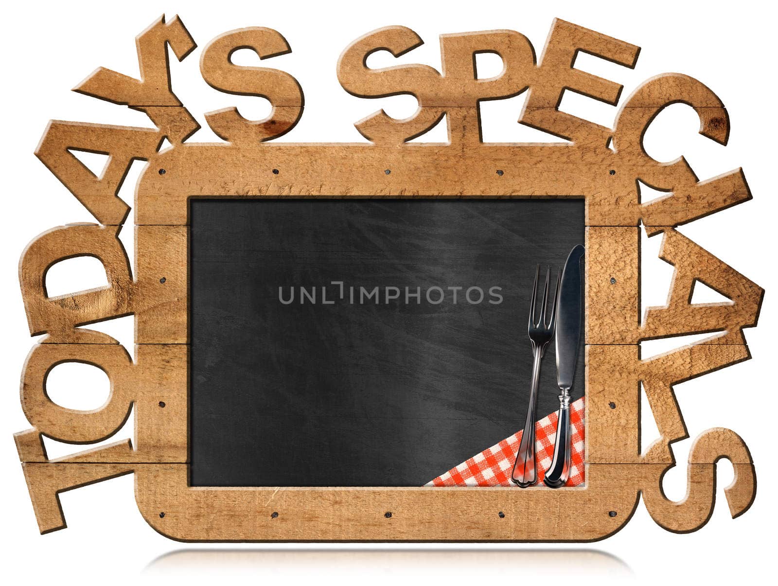 Blackboard with wooden frame and text Today's specials, silver cutlery and checkered tablecloth. Isolated on white background