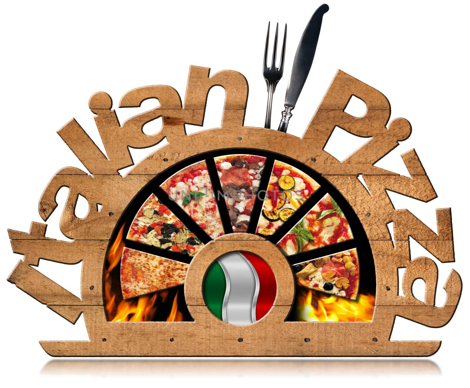 Wooden symbol with pizza slices, flames, text Italian Pizza, silver cutlery and Italian flag. Isolated on white background